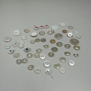 Vintage White Two Hole Plastic Button Lot Iridescent Mixed Sizes 53 Pc